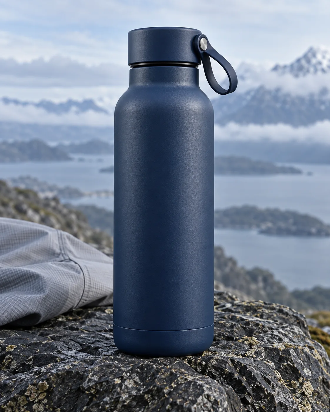 Navy Everyday Bottle on a rock overlooking a mountain lake
