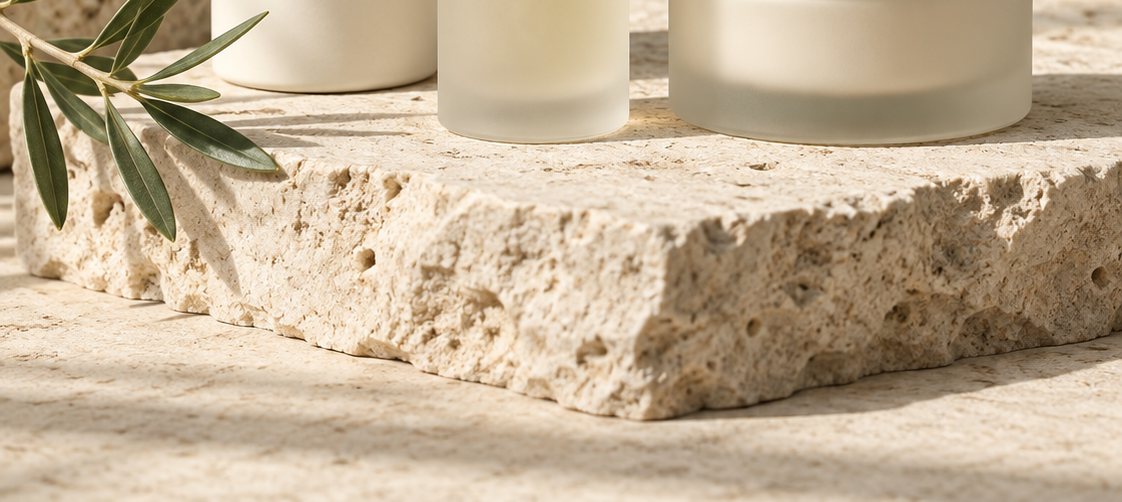 Care products resting on pale natural stone